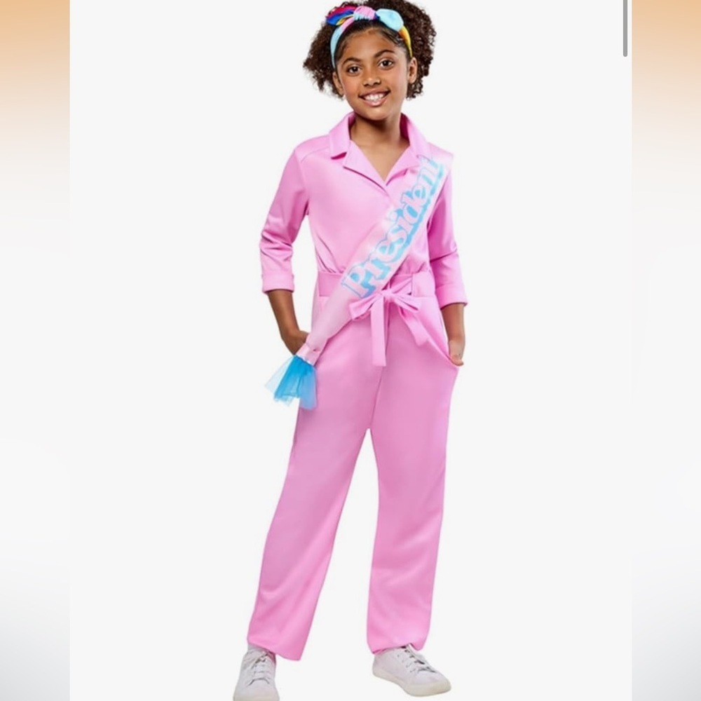 NWT Girls Barbie Movie President Barbie Costume Jumpsuit | Headband |Sash